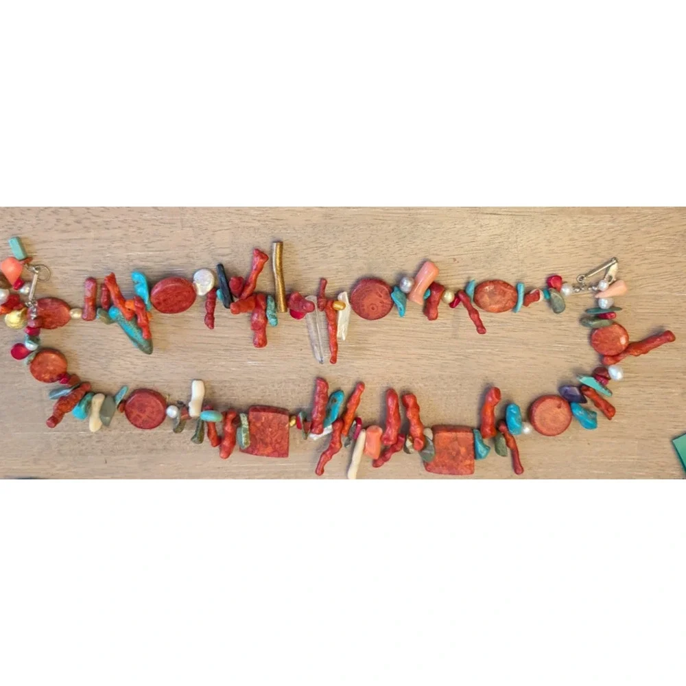 Vintage Turquoise & Coral Bead Necklace with pearls Multi-Strand necklace‎